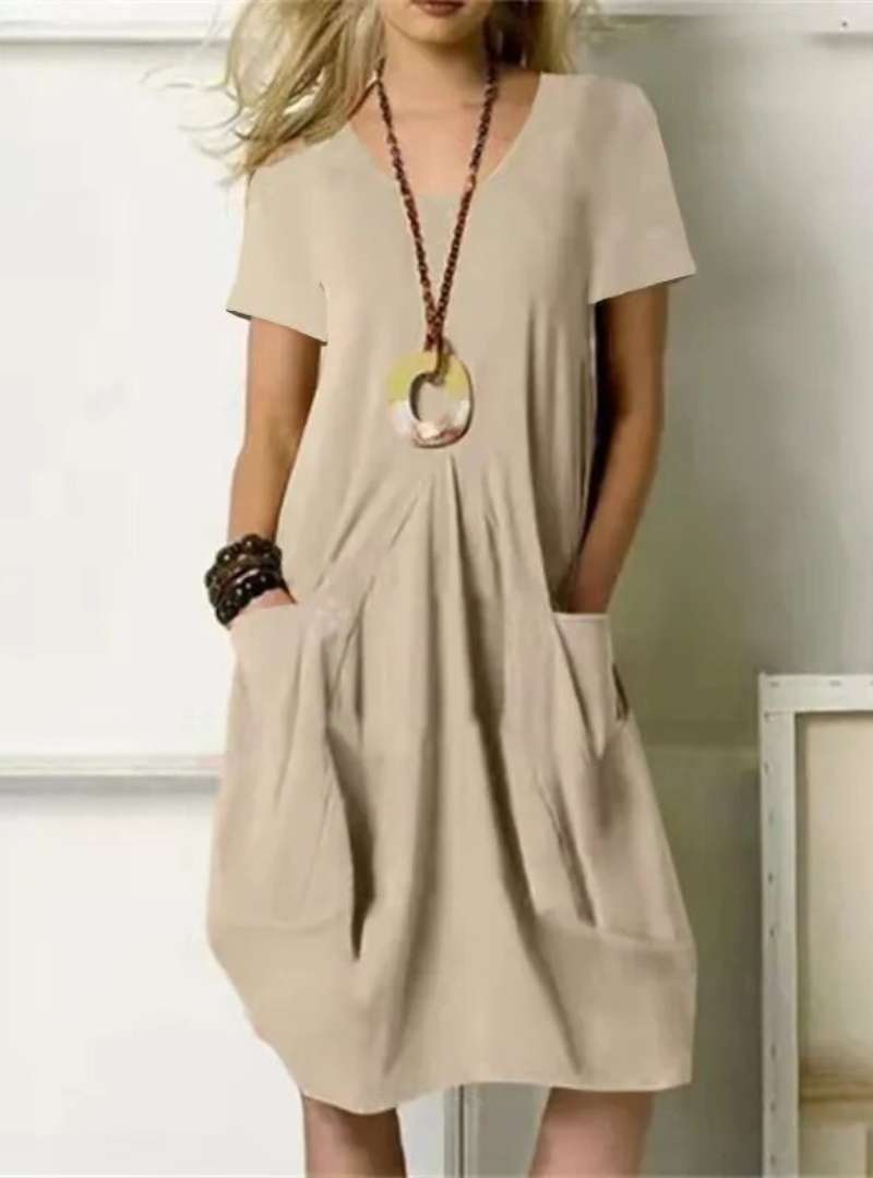 Casual Short Sleeve Cotton Dress – Loose Fit with Pockets