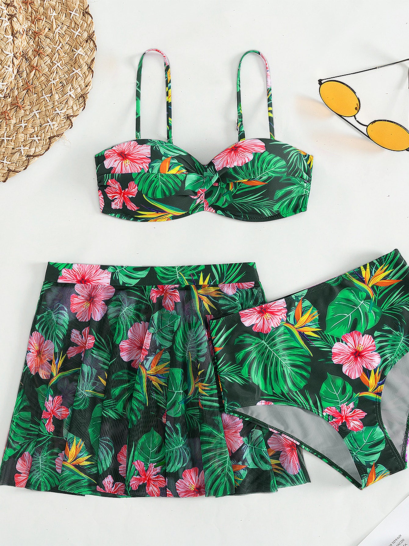 Tropical Print Two-Piece Set – Floral Bralette Top & Flowy Midi Skirt
