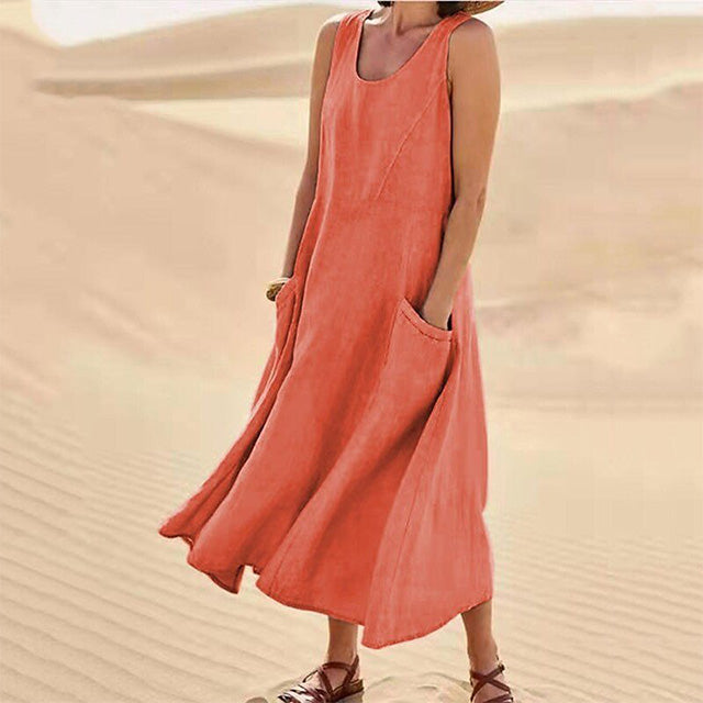 Sleeveless Relaxed Linen Blend Maxi Dress with Pockets – Casual Summer Comfort