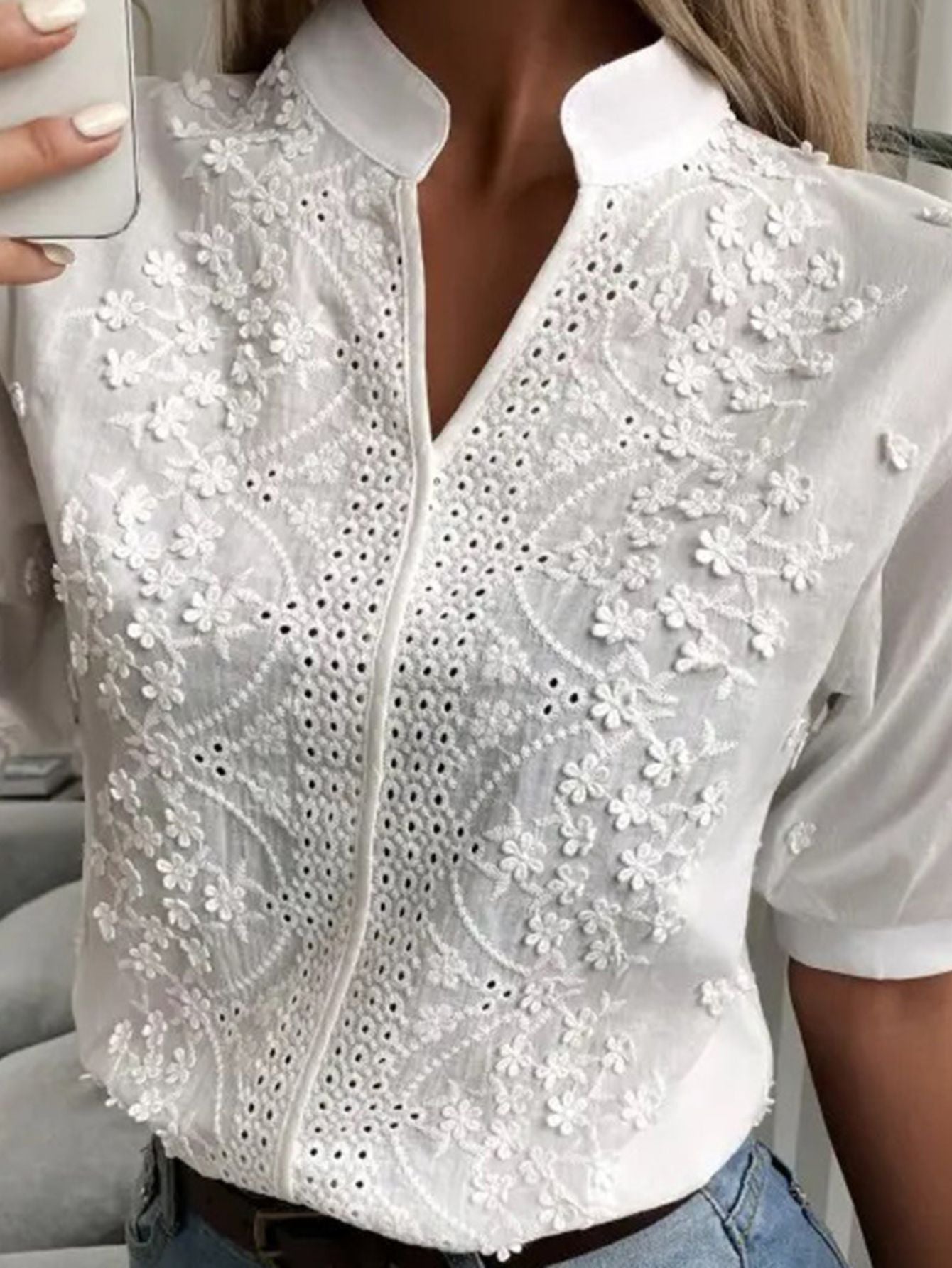 Embroidered-Cotton Button-Up Blouse - Short Sleeve Collared Shirt