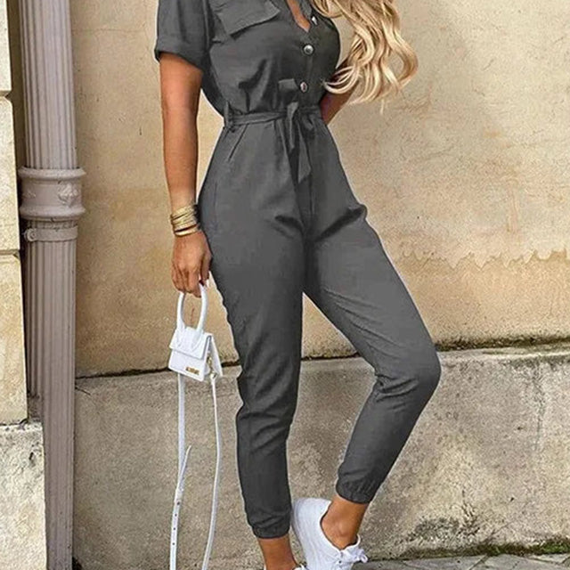 Casual Button-Up Utility Jumpsuit – Short Sleeve One-Piece with Drawstring Waist