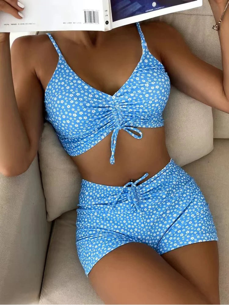 Women's High-Waist Bikini Set – Ruched with Shorts, Padded & Wire-Free Holiday