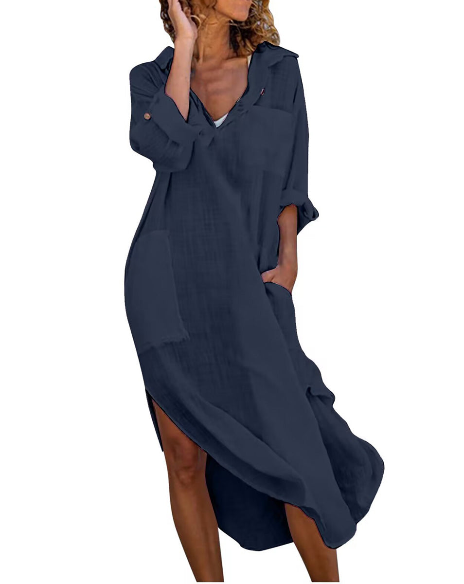 Button-Front Collared Long Shirt Dress with Side Slit – Casual Resort Wear
