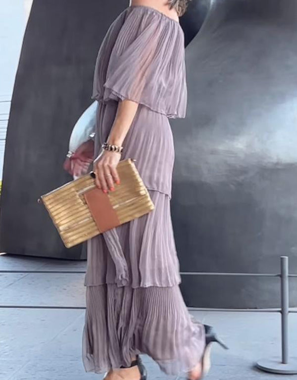 Off-Shoulder Tiered Tulle Maxi Dress – Elegant Boho Evening Gown