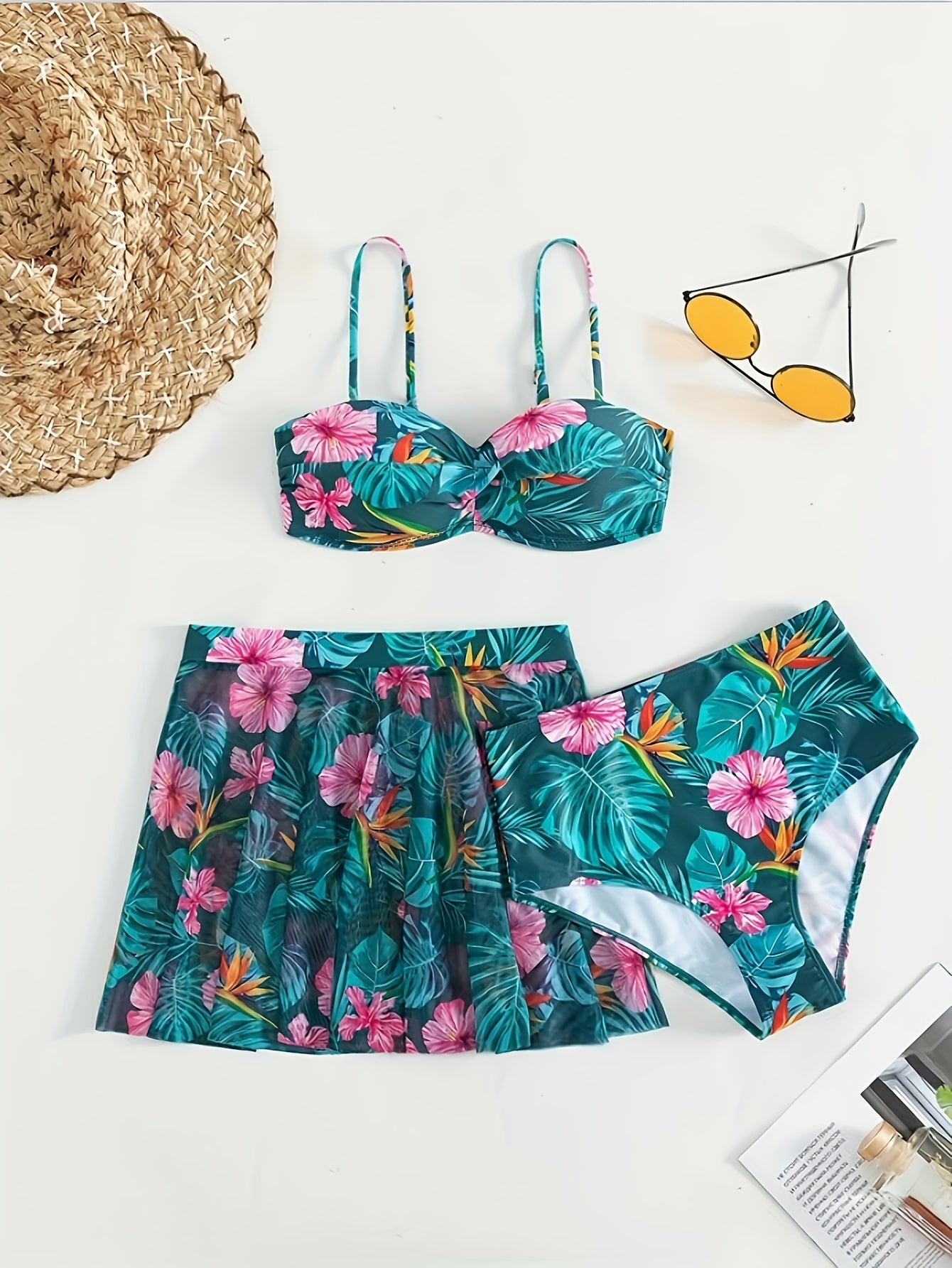 Tropical Print Two-Piece Set – Floral Bralette Top & Flowy Midi Skirt