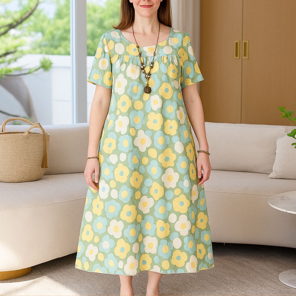Boho Patchwork Floral Midi Dress – Short Sleeve Boho Style