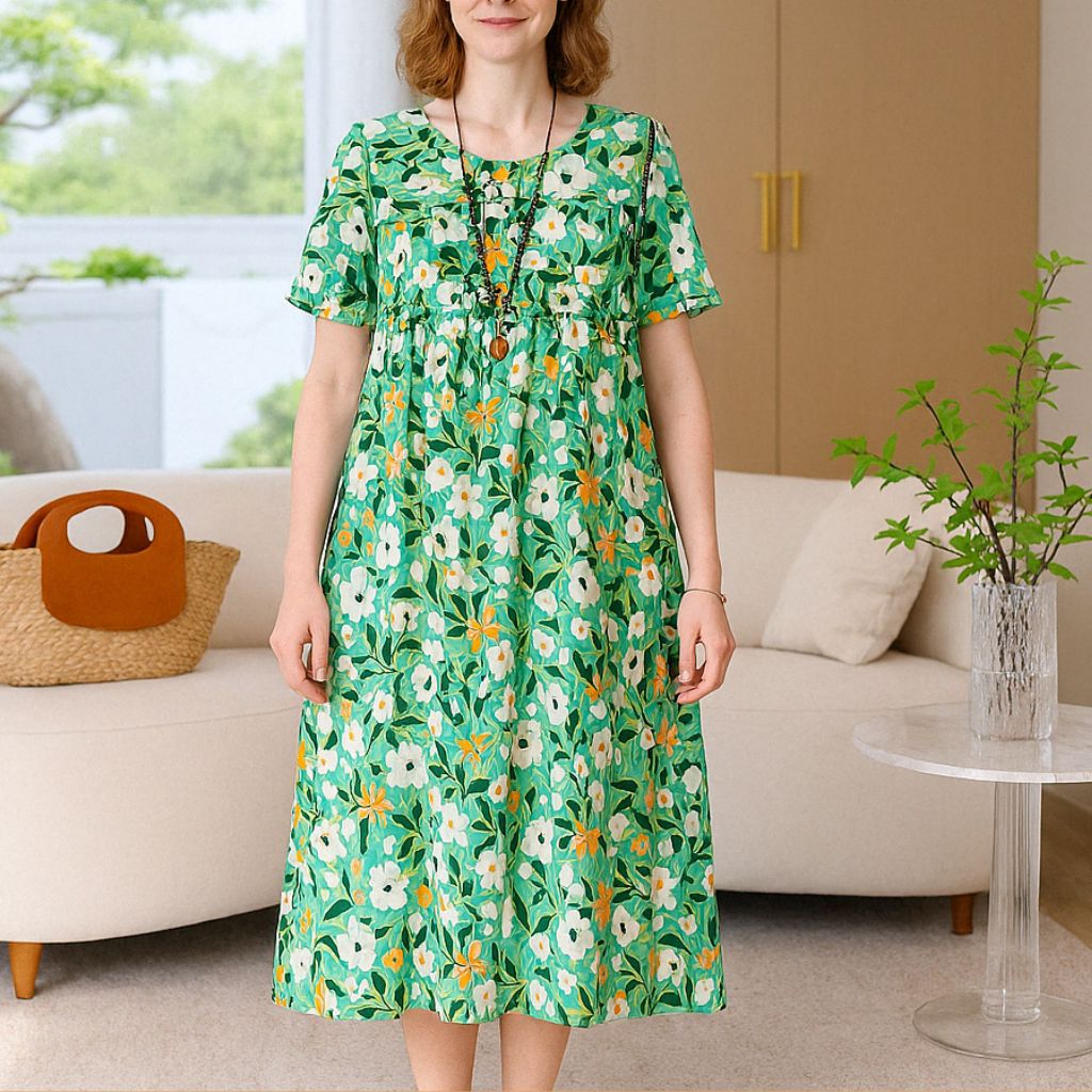 Boho Patchwork Floral Midi Dress – Short Sleeve Boho Style