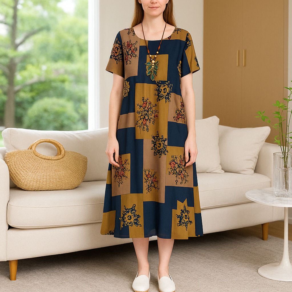 Boho Patchwork Floral Midi Dress – Short Sleeve Boho Style