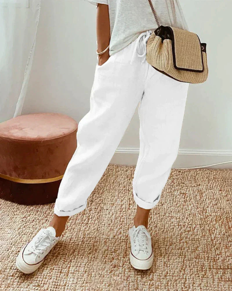 Women's Linen Trousers – Drawstring Waist, Cropped Relaxed Fit Casual Holiday Wear
