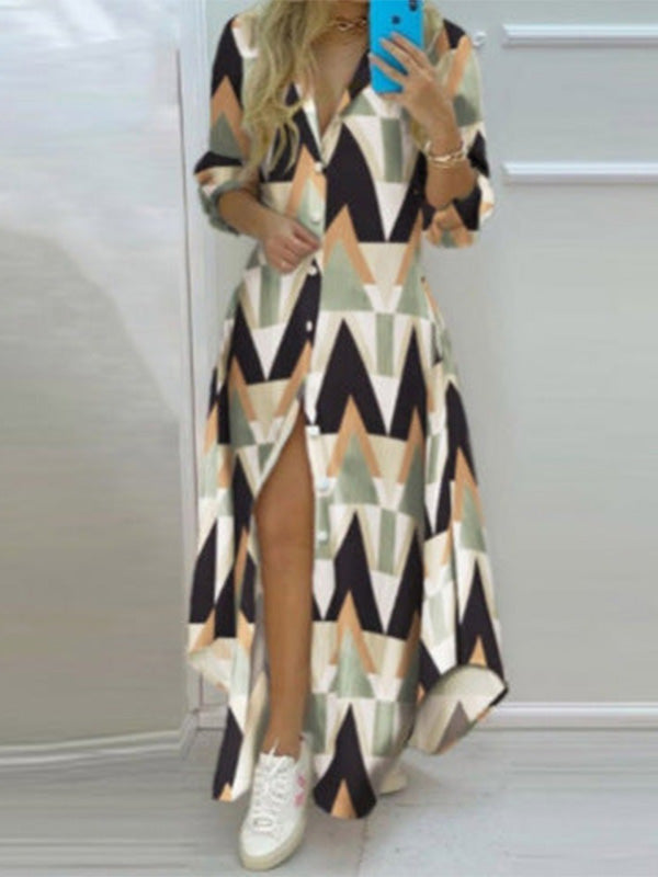 Long-Sleeve Maxi Shirt-Dress - Printed Button-Front Style