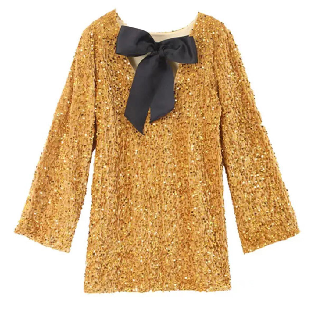 Sequin Long Sleeve Mini Dress – Sparkly Party Look With Bow Detail