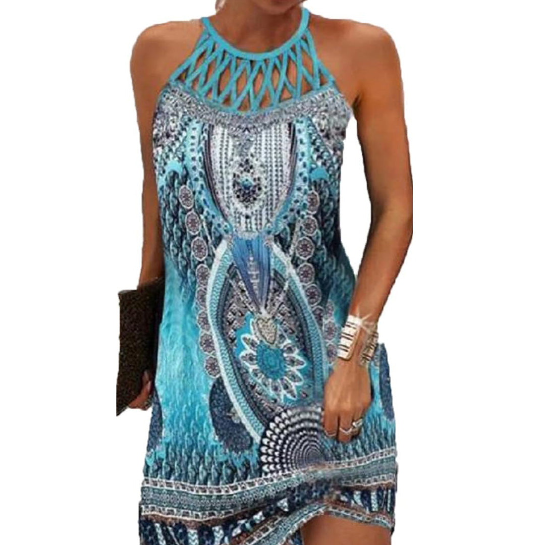 Boho Print Halter Mini Dress with Cutout Neckline – Summer Casual Chic
