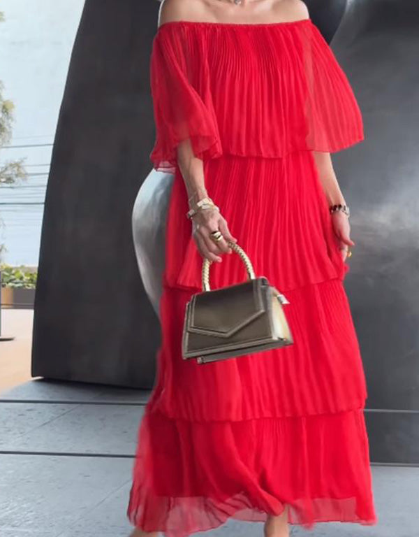Off-Shoulder Tiered Tulle Maxi Dress – Elegant Boho Evening Gown
