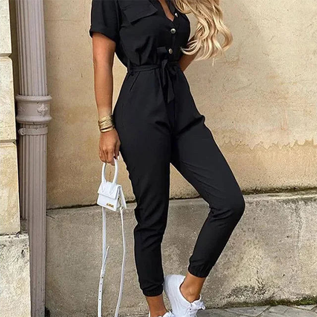 Casual Button-Up Utility Jumpsuit – Short Sleeve One-Piece with Drawstring Waist
