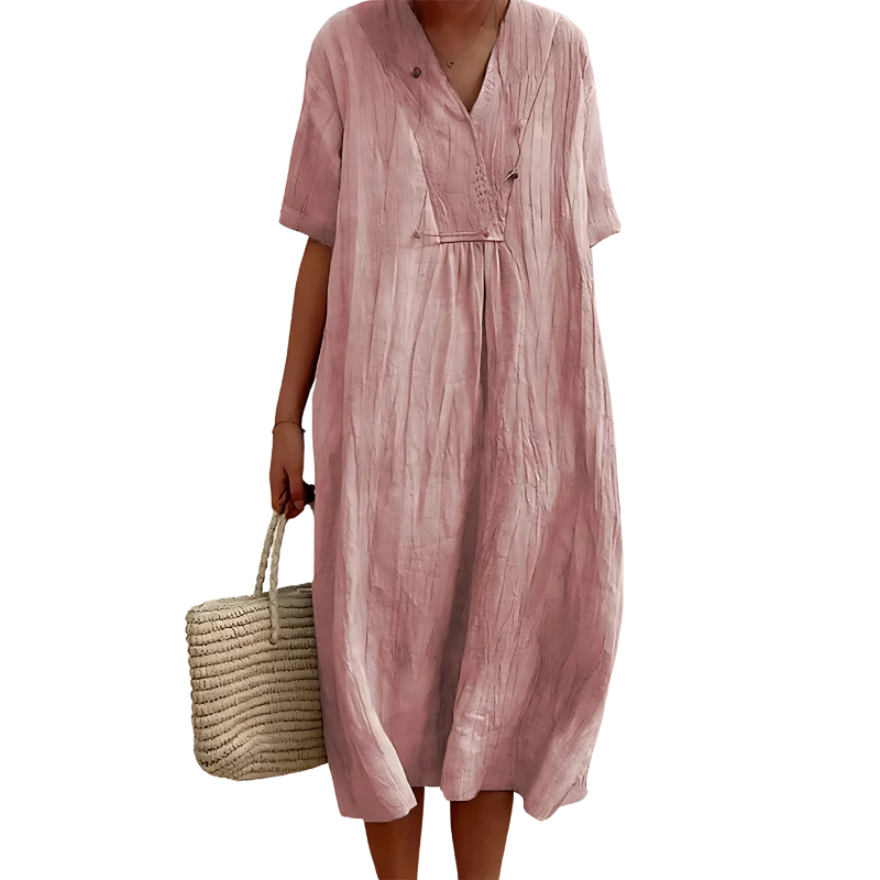 Linen V-Neck Midi Dress – Relaxed Fit with Pockets for Everyday Comfort