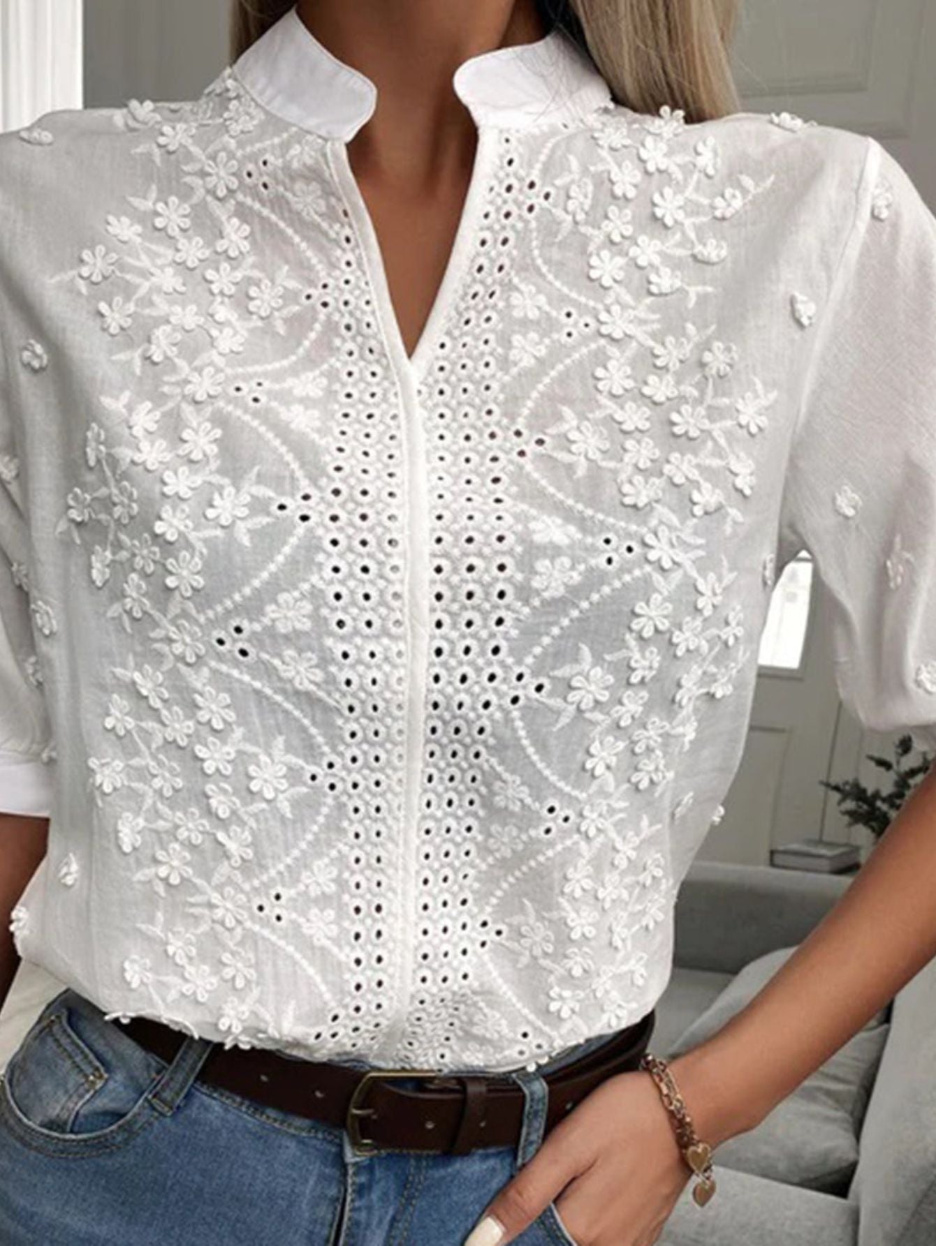 Embroidered-Cotton Button-Up Blouse - Short Sleeve Collared Shirt