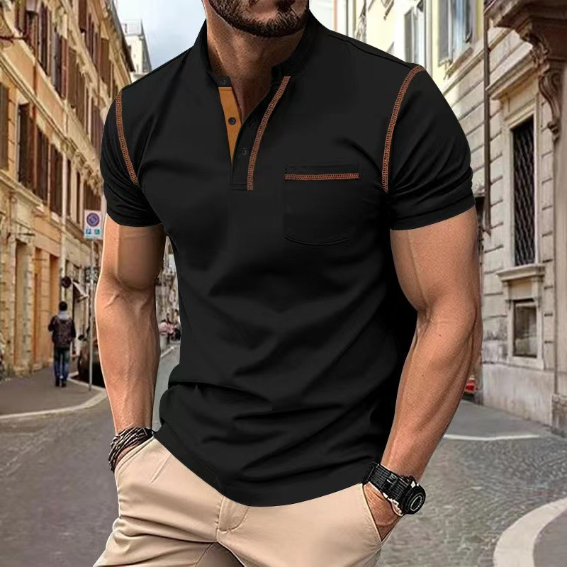 Men's Grandad Collar Polo Shirt – Contrast Trim, Slim Fit Smart Casual