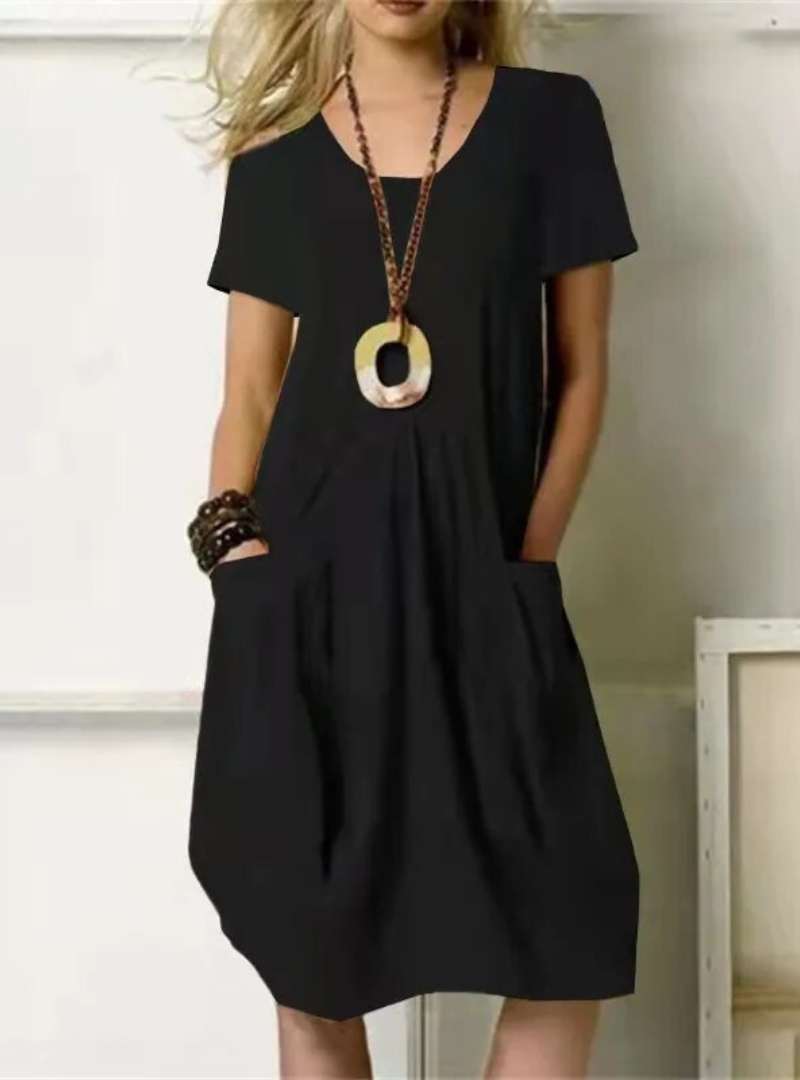 Casual Short Sleeve Cotton Dress – Loose Fit with Pockets