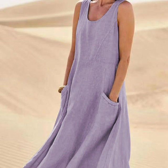 Sleeveless Relaxed Linen Blend Maxi Dress with Pockets – Casual Summer Comfort