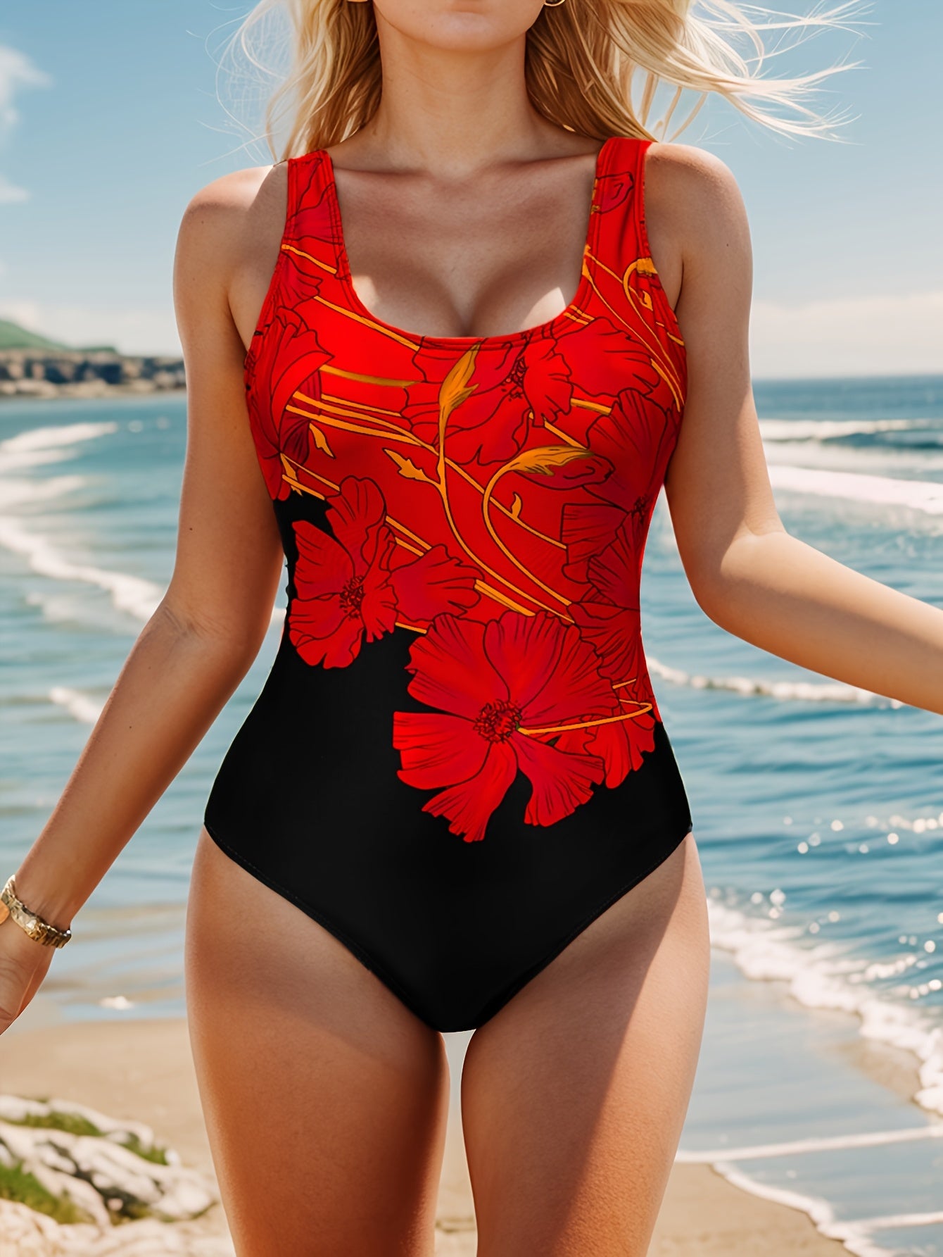 Floral Panel One-Piece Swimsuit – Bold Tropical Print Swimwear