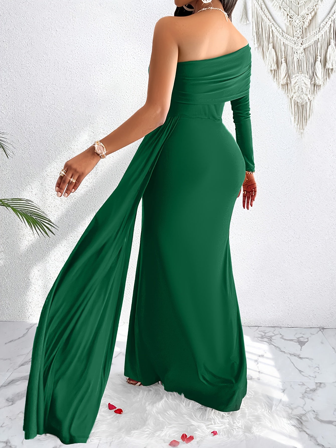 One-Shoulder Ruched Maxi Gown with Slit – Formal Draped Dress
