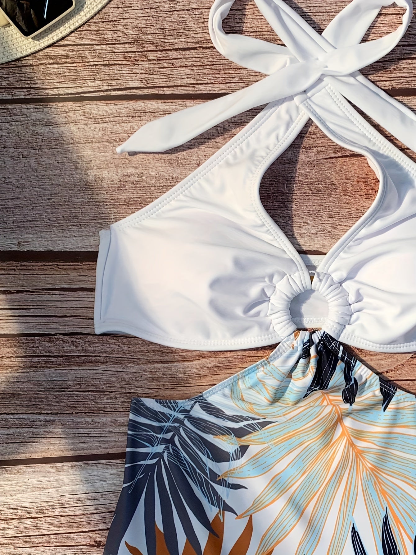 Halter Tropical Print Swim Romper – White Top with Leafy High-Waist Shorts