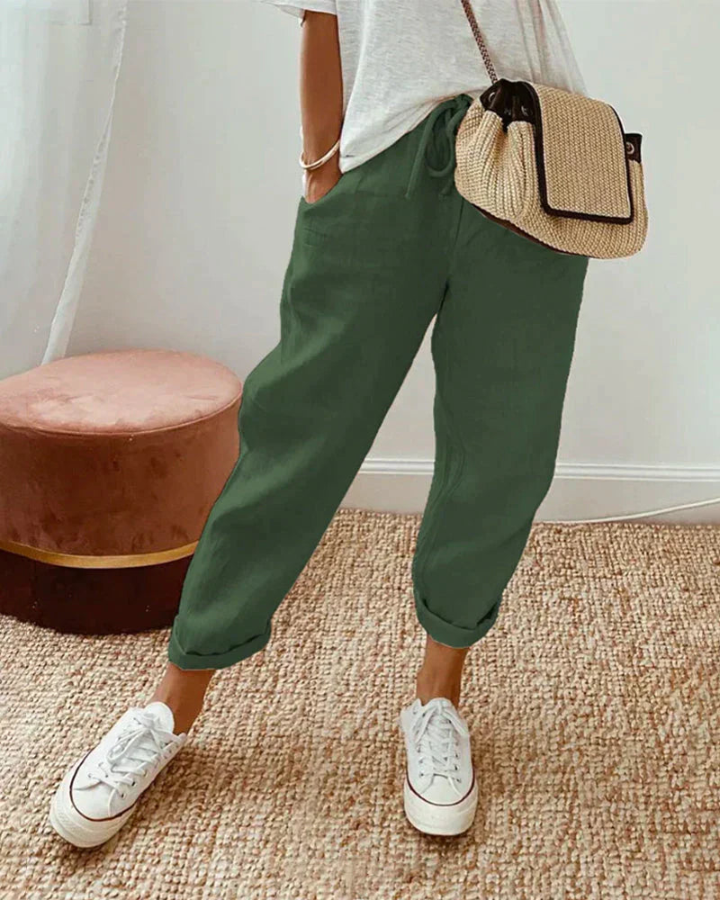 Women's Linen Trousers – Drawstring Waist, Cropped Relaxed Fit Casual Holiday Wear