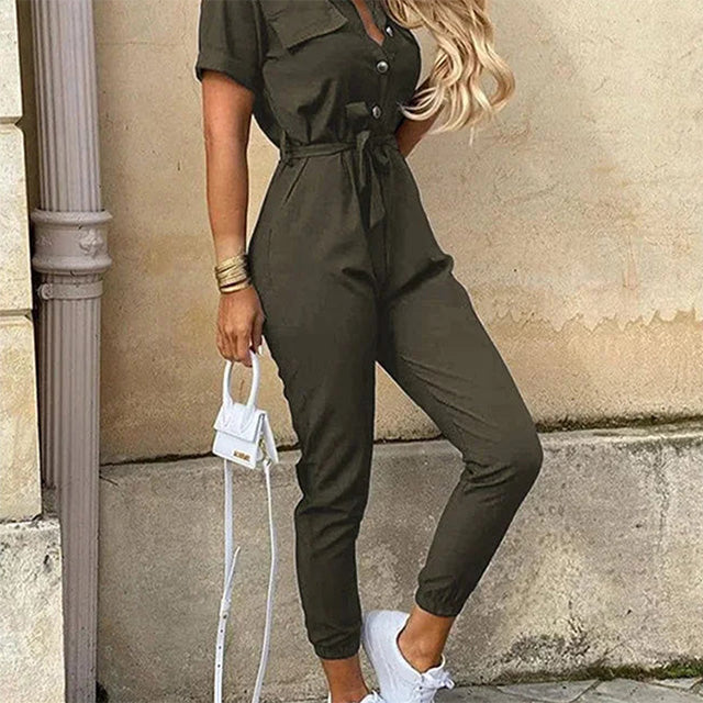Casual Button-Up Utility Jumpsuit – Short Sleeve One-Piece with Drawstring Waist