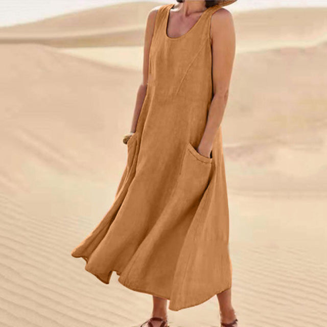 Sleeveless Relaxed Linen Blend Maxi Dress with Pockets – Casual Summer Comfort