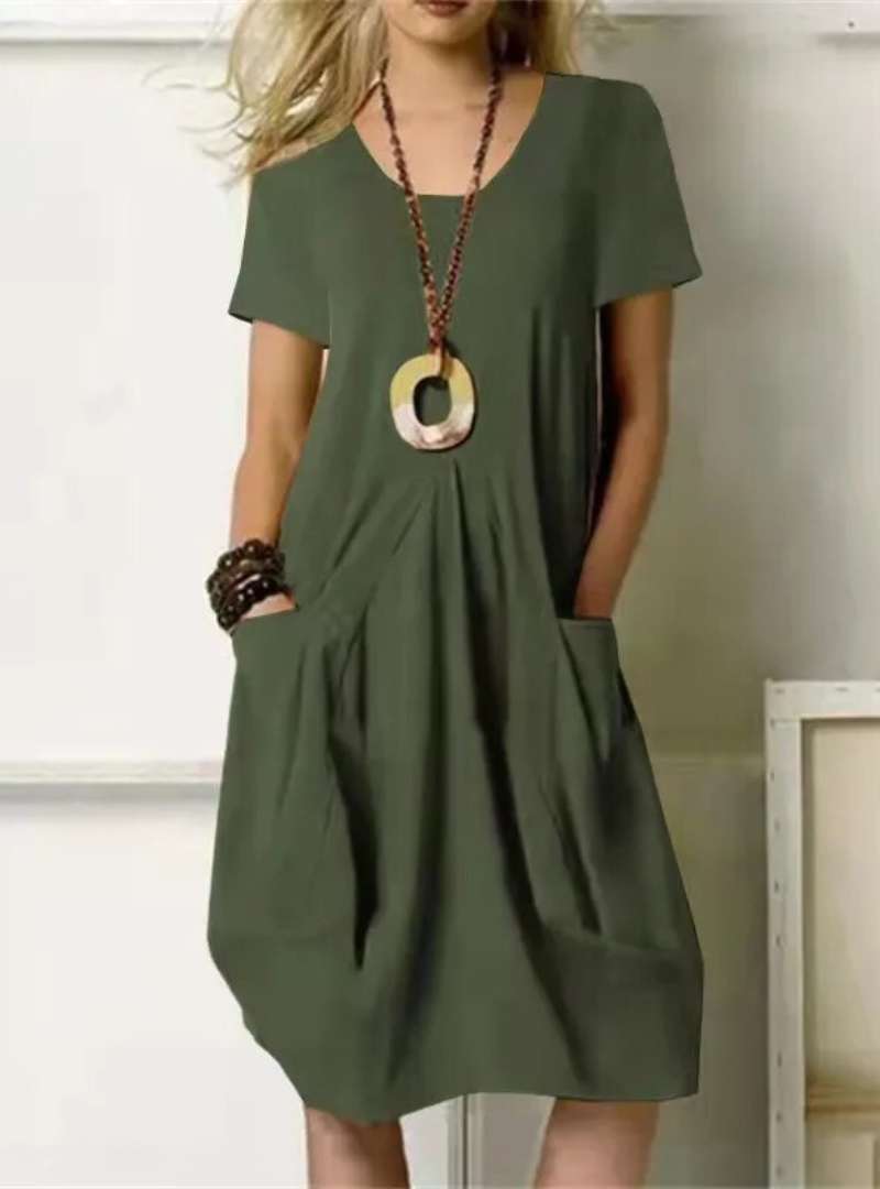 Casual Short Sleeve Cotton Dress – Loose Fit with Pockets