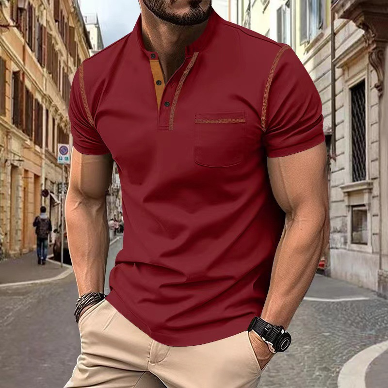 Men's Grandad Collar Polo Shirt – Contrast Trim, Slim Fit Smart Casual