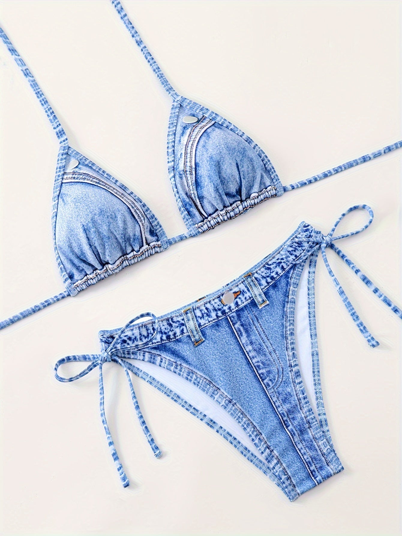 Ruched Tie-Dye Bikini Set – Adjustable Triangle Top in Washed Blue
