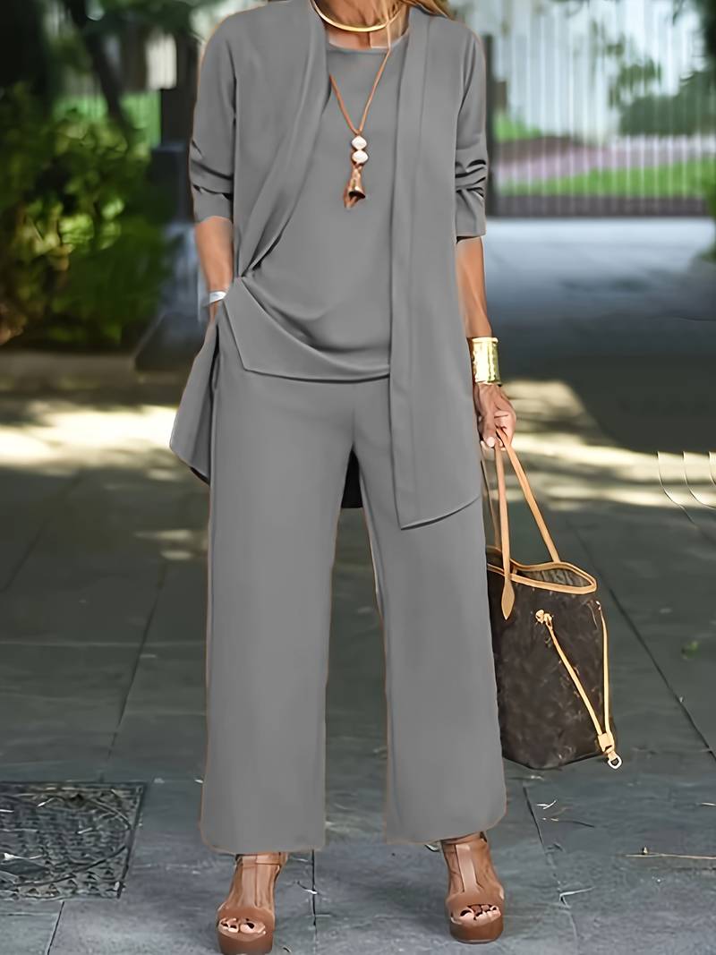 Women's Three-Piece Trouser Suit – Matching Set, Relaxed Fit Smart Casual Wear