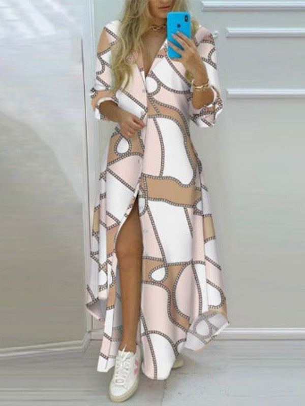 Long-Sleeve Maxi Shirt-Dress - Printed Button-Front Style