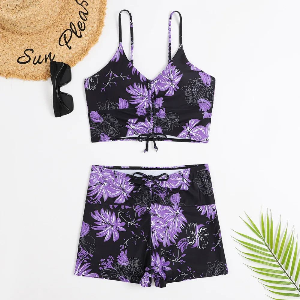 Women's High-Waist Bikini Set – Ruched with Shorts, Padded & Wire-Free Holiday