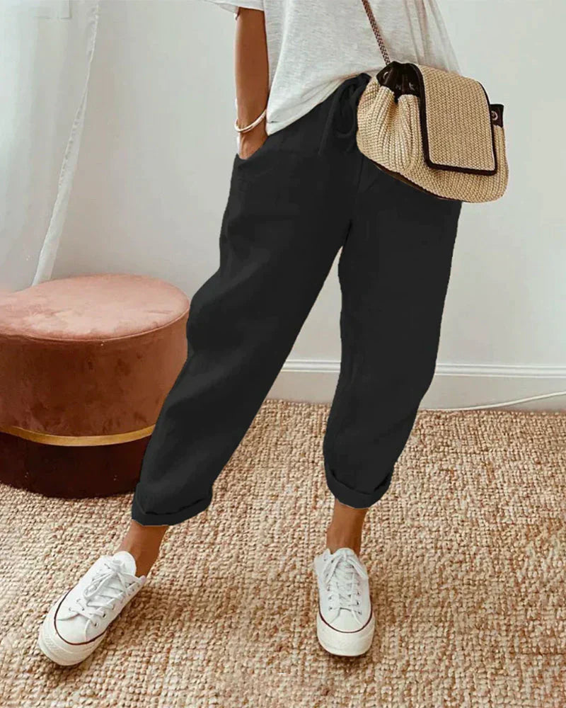 Women's Linen Trousers – Drawstring Waist, Cropped Relaxed Fit Casual Holiday Wear