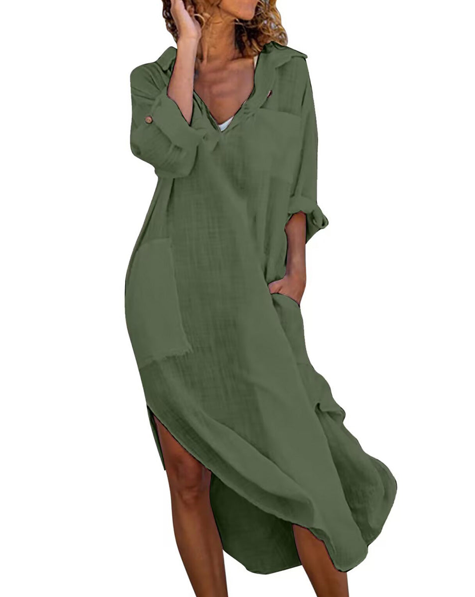 Button-Front Collared Long Shirt Dress with Side Slit – Casual Resort Wear