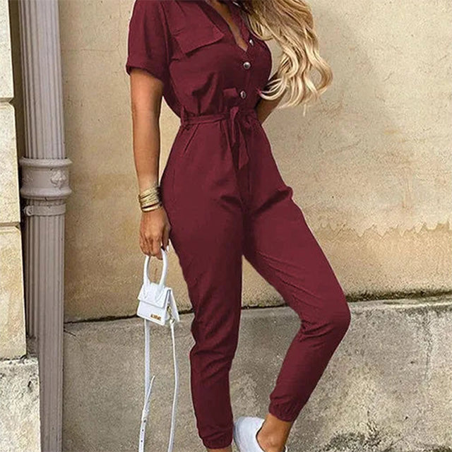 Casual Button-Up Utility Jumpsuit – Short Sleeve One-Piece with Drawstring Waist