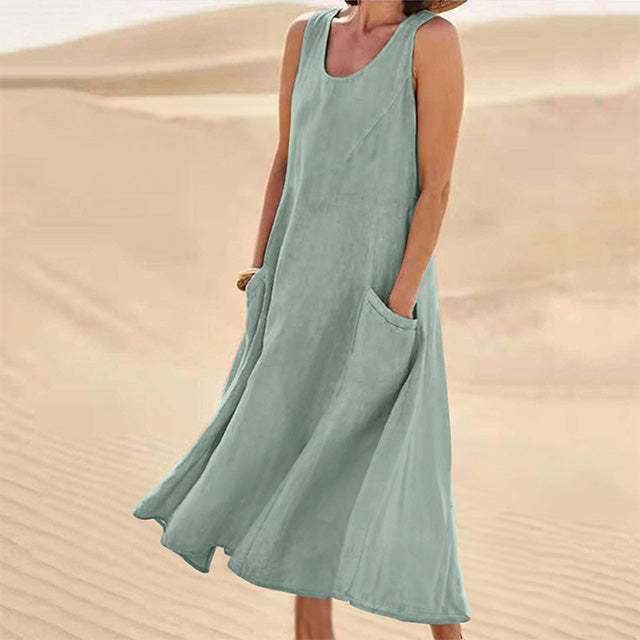 Sleeveless Relaxed Linen Blend Maxi Dress with Pockets – Casual Summer Comfort