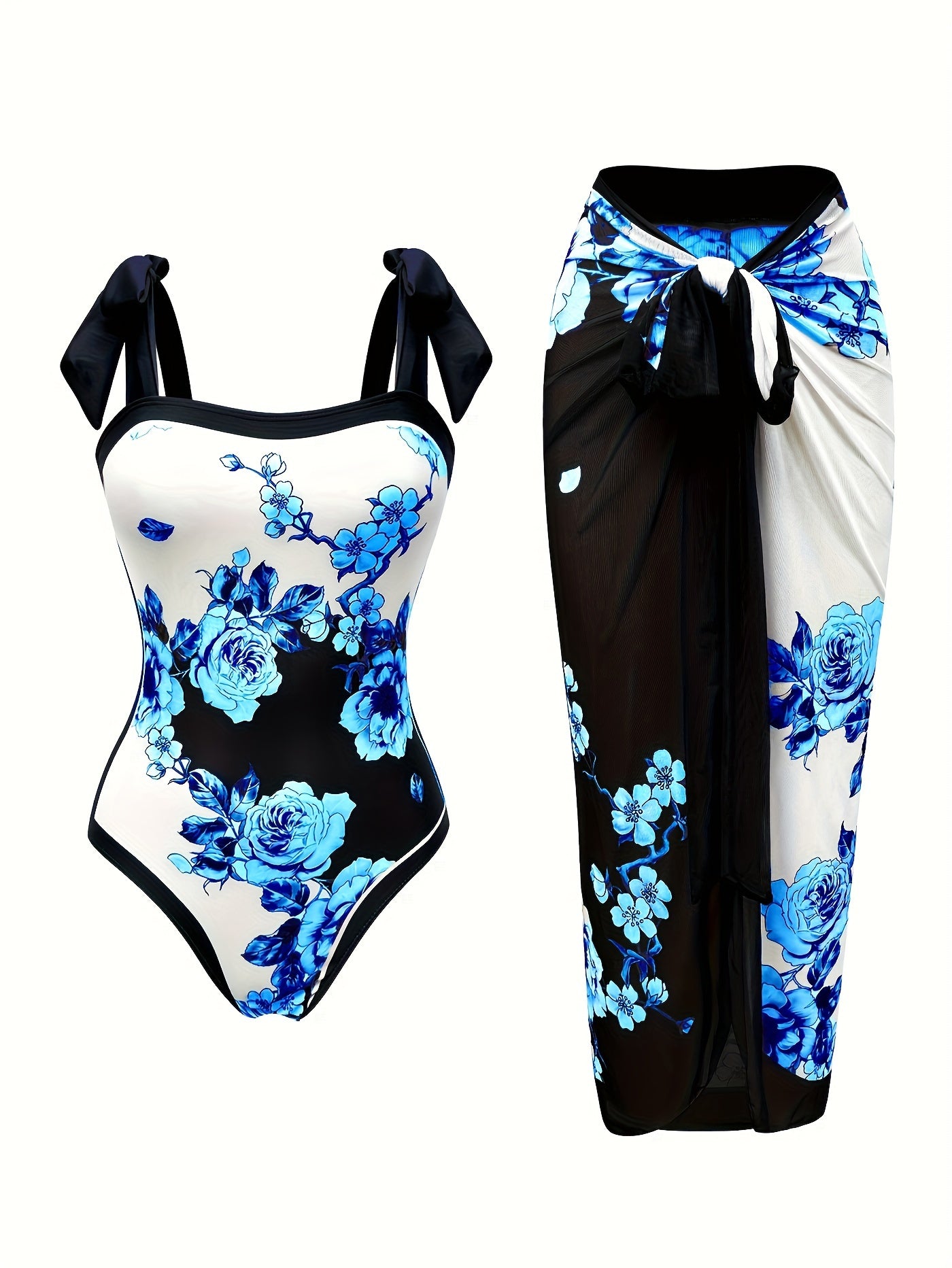 Floral One-Piece Swimsuit & Wrap Skirt Set – Elegant Beachwear