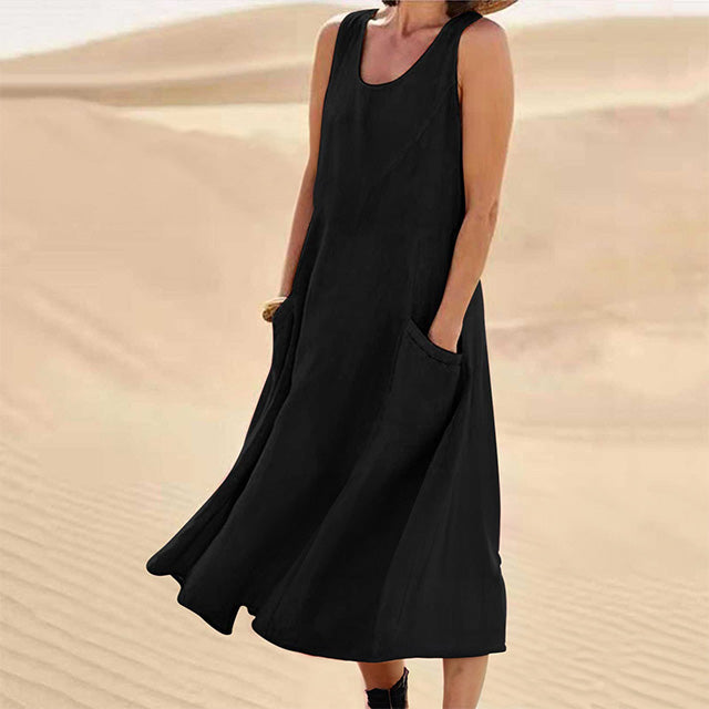 Sleeveless Relaxed Linen Blend Maxi Dress with Pockets – Casual Summer Comfort