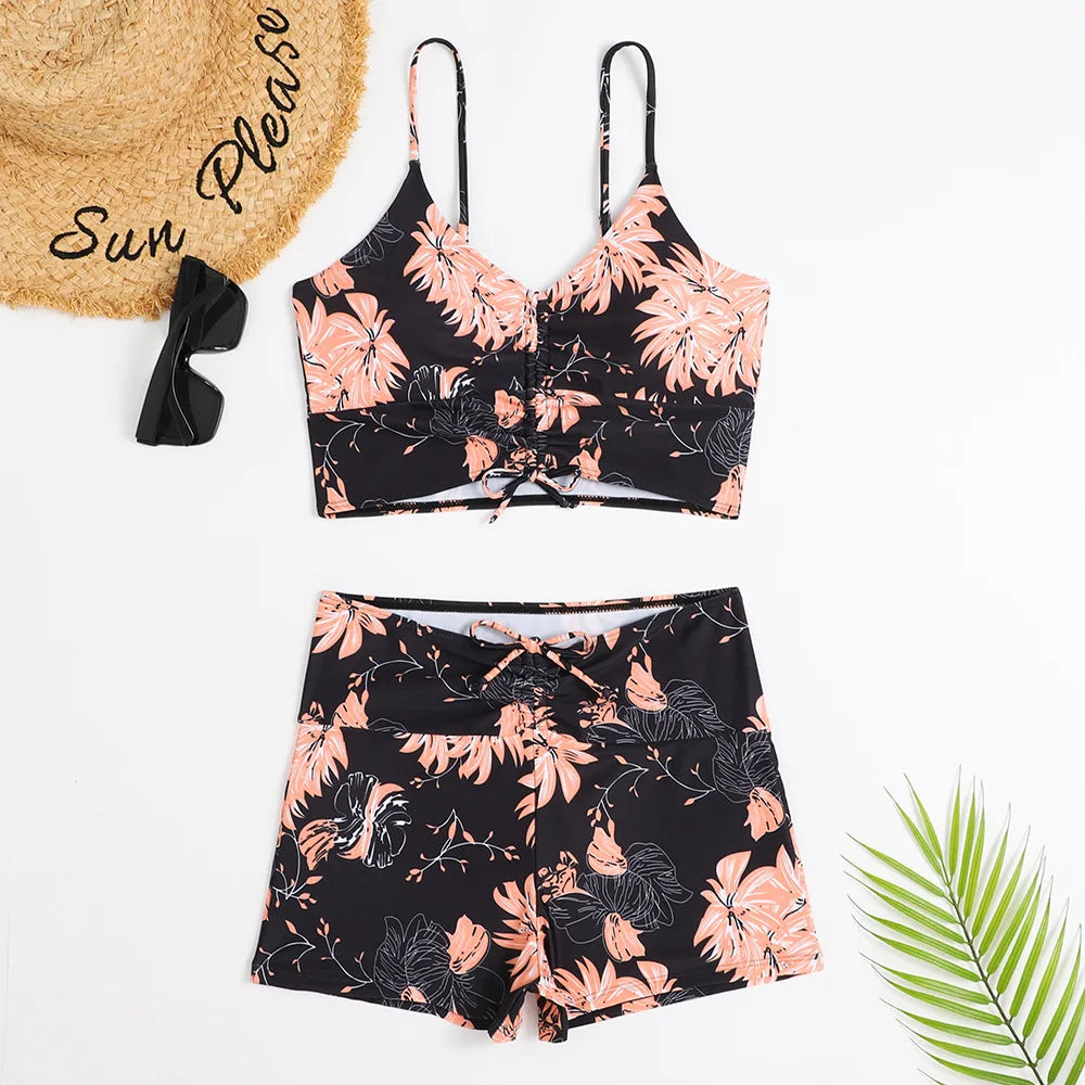 Women's High-Waist Bikini Set – Ruched with Shorts, Padded & Wire-Free Holiday