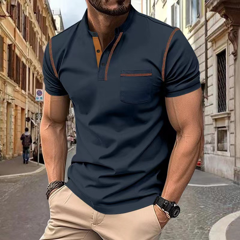 Men's Grandad Collar Polo Shirt – Contrast Trim, Slim Fit Smart Casual