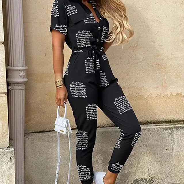 Casual Button-Up Utility Jumpsuit – Short Sleeve One-Piece with Drawstring Waist