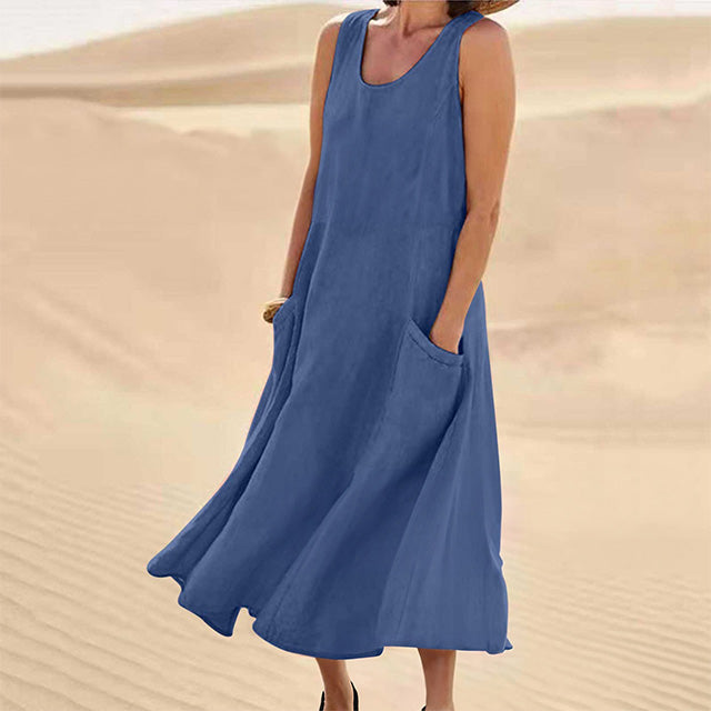Sleeveless Relaxed Linen Blend Maxi Dress with Pockets – Casual Summer Comfort