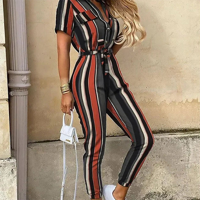 Casual Button-Up Utility Jumpsuit – Short Sleeve One-Piece with Drawstring Waist