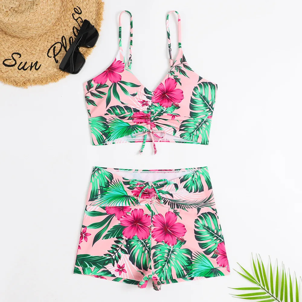 Women's High-Waist Bikini Set – Ruched with Shorts, Padded & Wire-Free Holiday