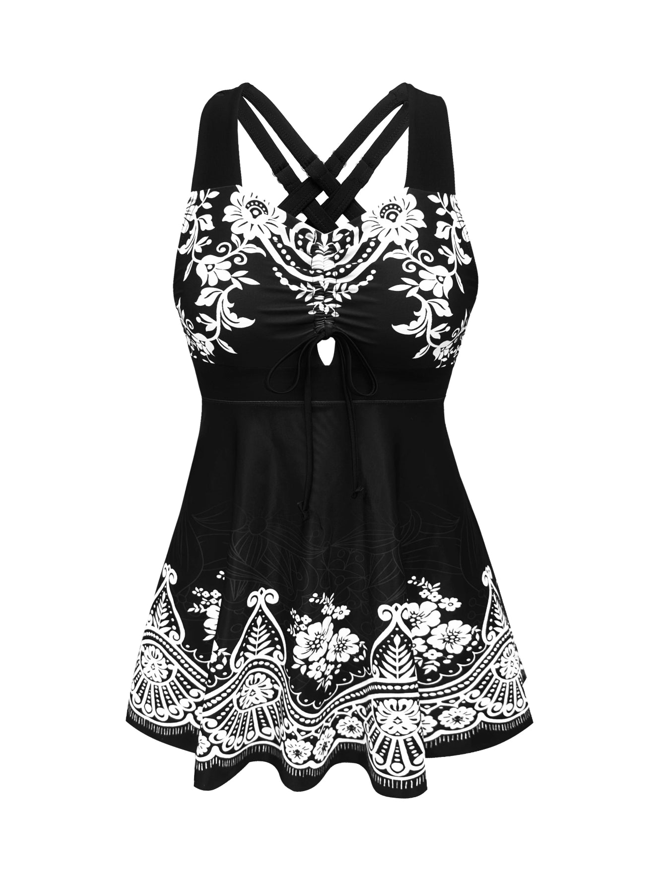Black & White Printed Swimdress with Shorts – Flattering Silhouette 2-Piece Set