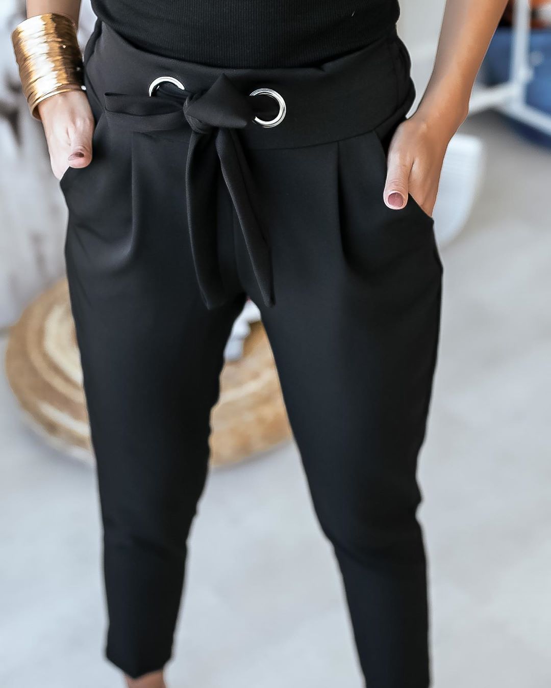 Women's Paperbag Trousers – Tie Waist, Tapered Fit Smart Casual