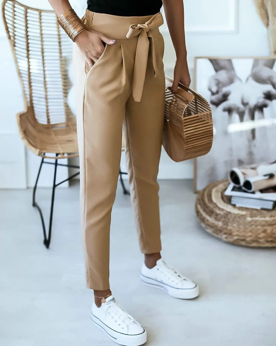 Women's Paperbag Trousers – Tie Waist, Tapered Fit Smart Casual